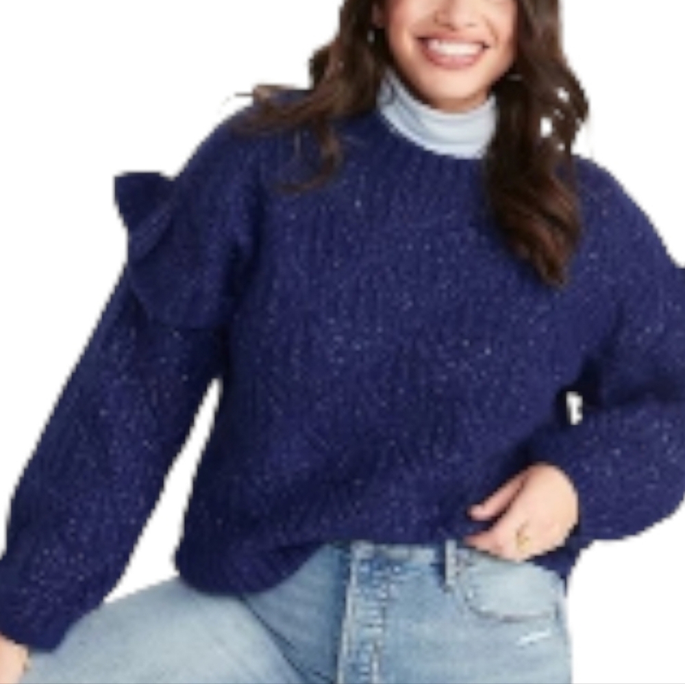 Old Navy Wool Cutout Navy Blue Knit Pullover Ruffle Sleeves Xlarge XL